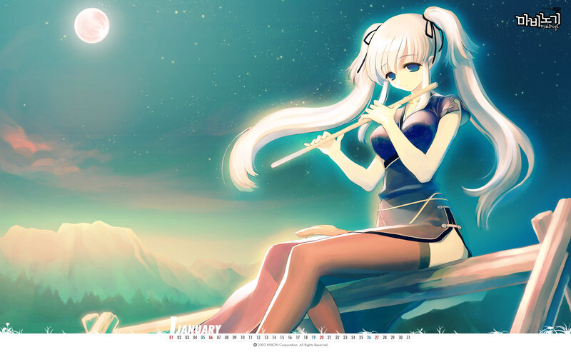 Anime Girl Playing Flute — Blue, Serene, Night, Digital Art, Moon