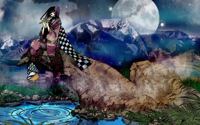 Anime Girl Playing Flute — Blue, Serene, Night, Manga