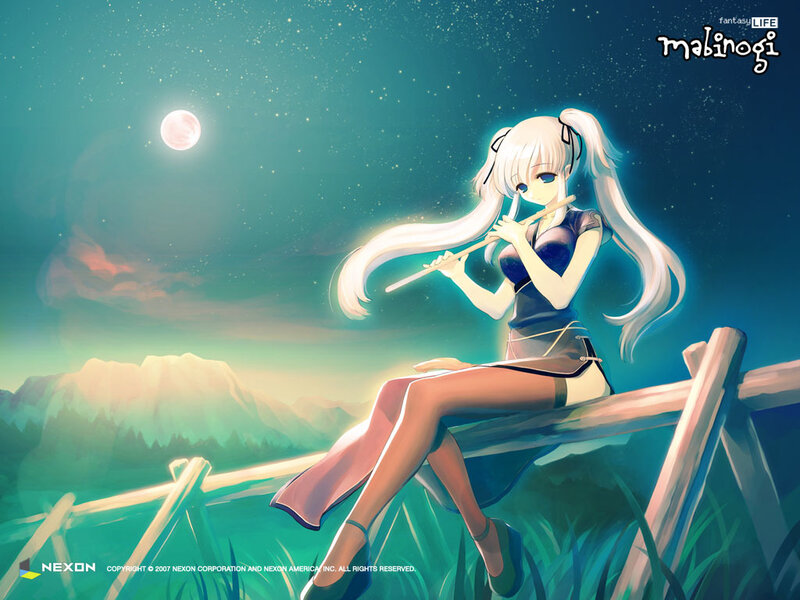Anime Girl Playing Flute — Blue