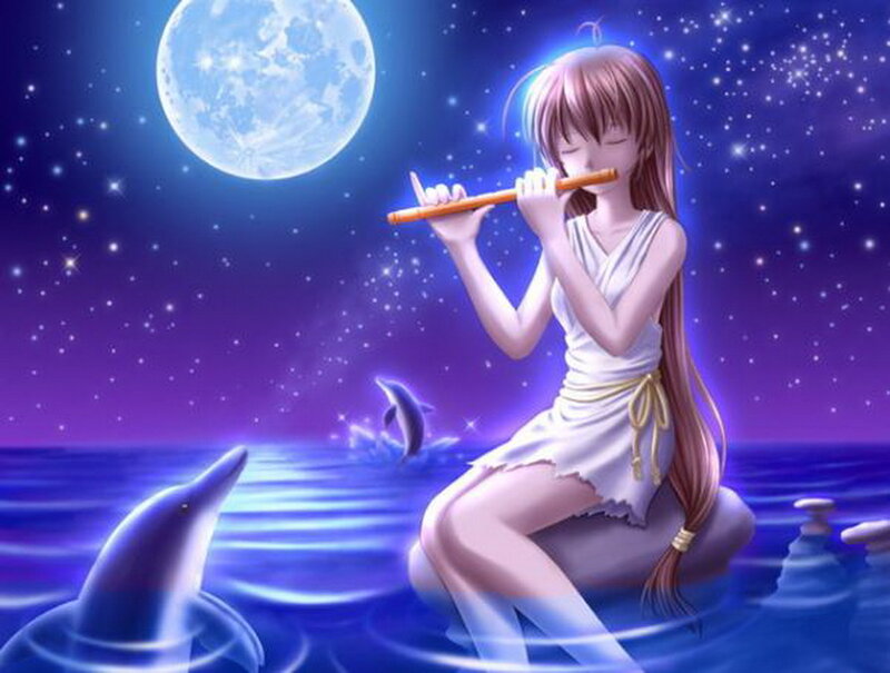Anime girl playing flute by moonlight