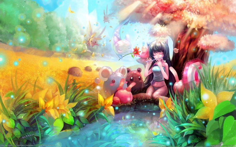 Anime girl playing flute in forest