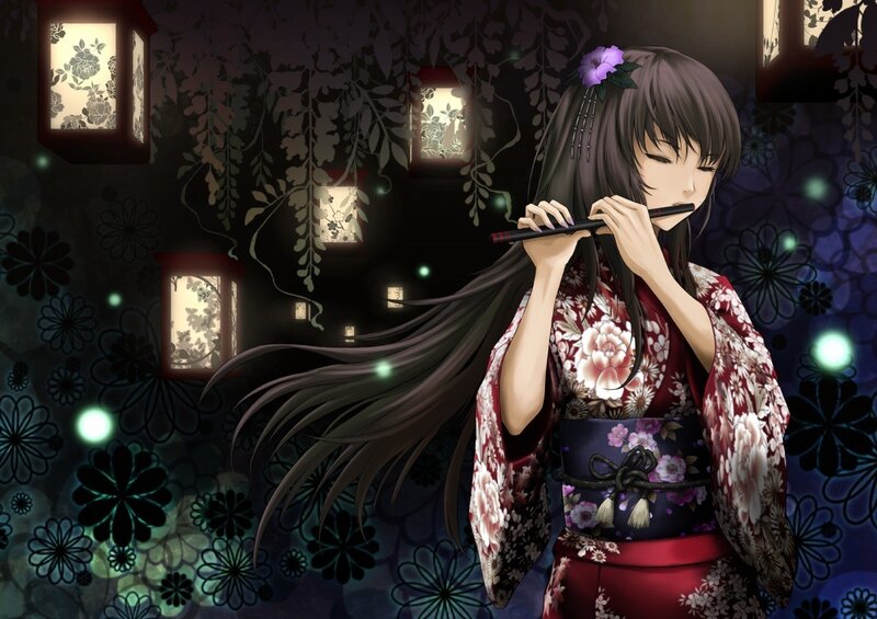 Anime girl playing flute in garden