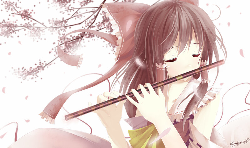 Anime Girl Playing Flute — Pink, Serene, Spring, Digital Art, Cherry Blossoms, Hat