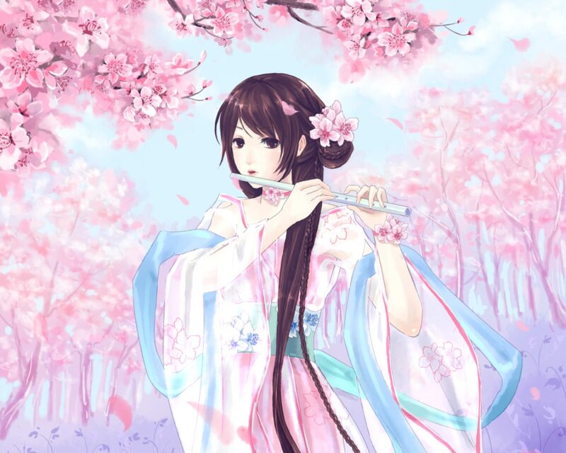 Anime Girl Playing Flute — Pink, Serene, Spring