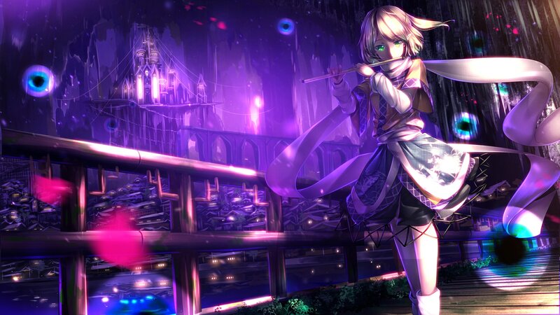Anime Girl Playing Flute — Purple, Dramatic, Night