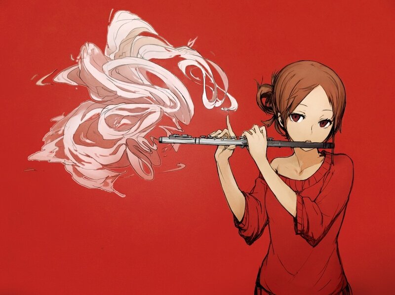Anime Girl Playing Flute — Red, Dramatic, Digital Art