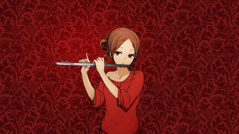 Anime Girl Playing Flute — Red, Dramatic, Manga