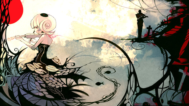 Anime Girl Playing Flute — Red, Dramatic, Sunset