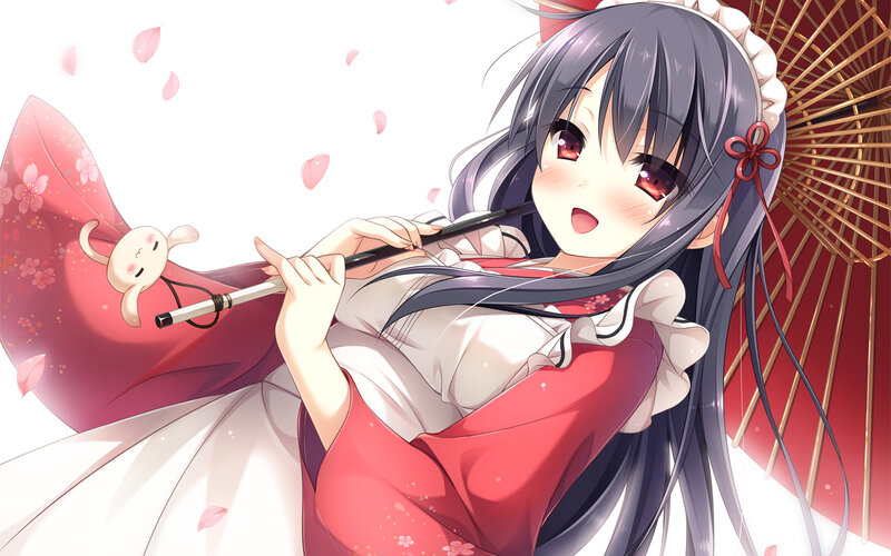 Anime Girl Playing Flute — Red, Serene, Spring