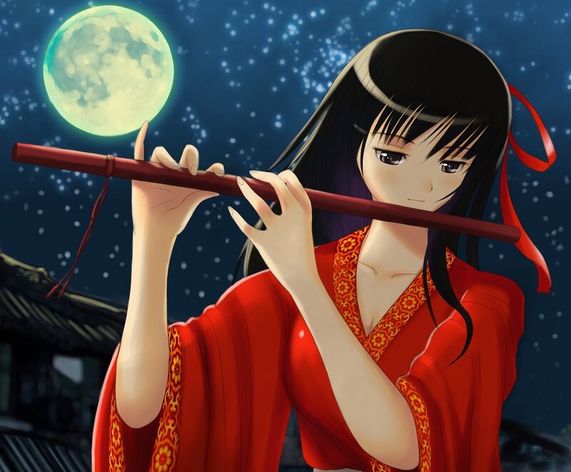 Anime Girl Playing Flute — Red, Serene