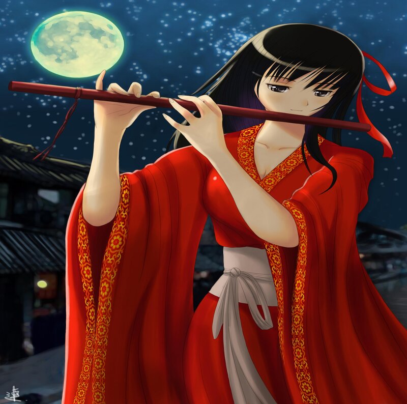 Anime Girl Playing Flute — Red