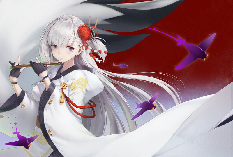 Anime Girl Playing Flute — White, Dramatic, Digital Art
