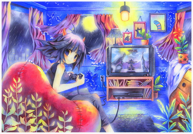 Anime Girl Playing Game — Blue