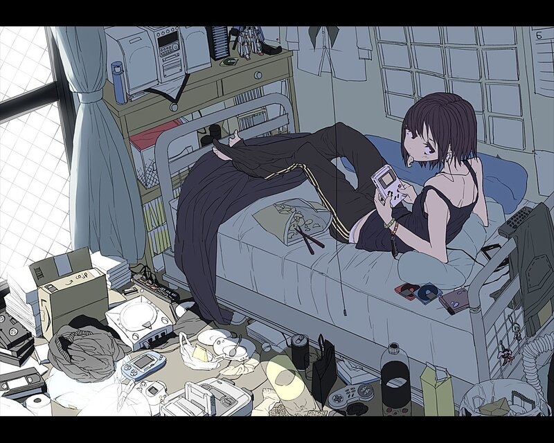 Anime girl playing game in messy room