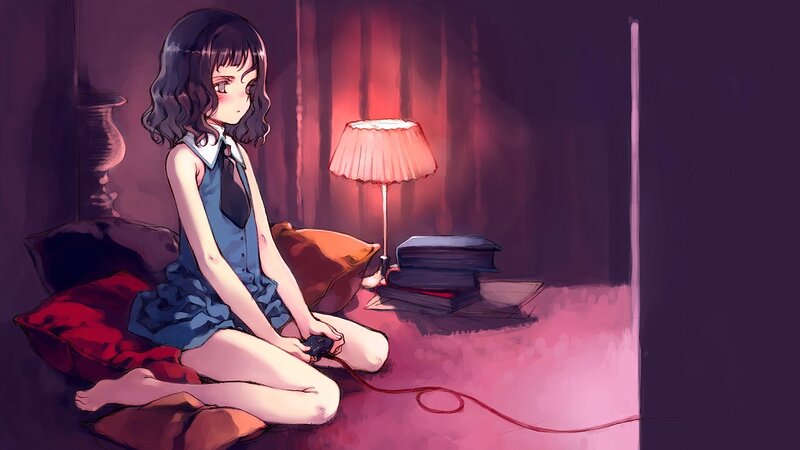 Anime Girl Playing Game — Purple, Calm