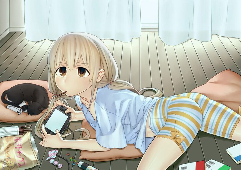 Anime girl playing game with cat
