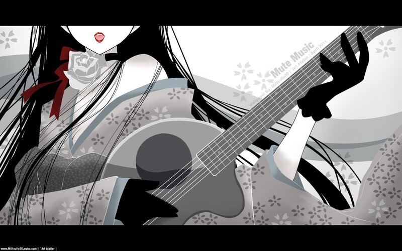 Anime Girl Playing Guitar — Black, Calm