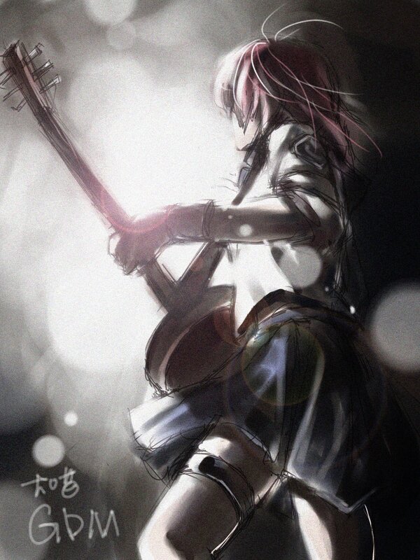 Anime Girl Playing Guitar — Black, Dramatic, Digital Art