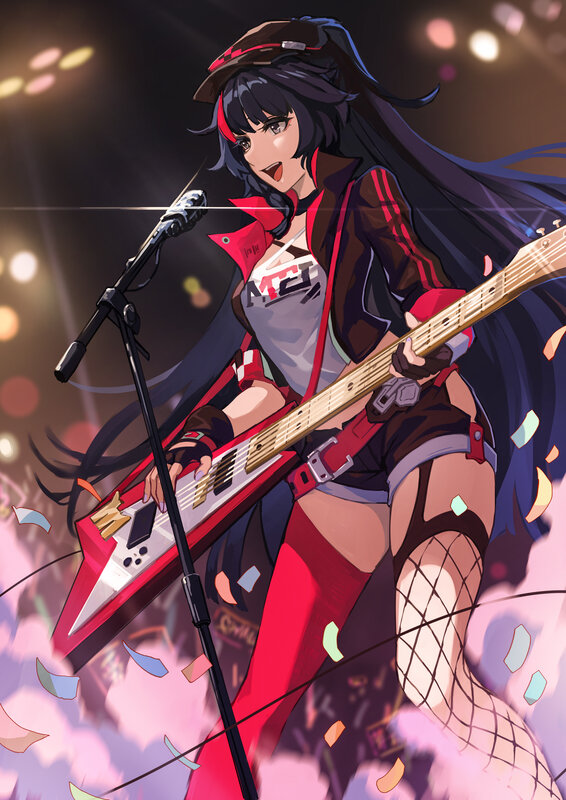 Anime Girl Playing Guitar — Black, Energetic, Night, Digital Art
