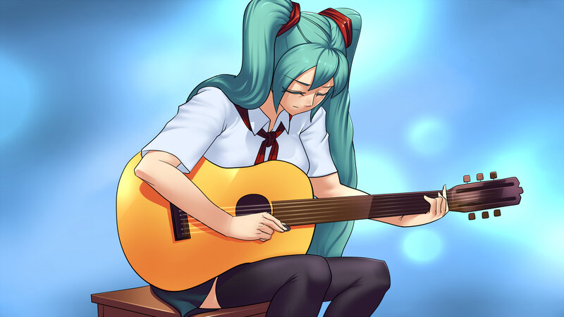 Anime Girl Playing Guitar — Blue, Calm, Digital Art, School Uniform