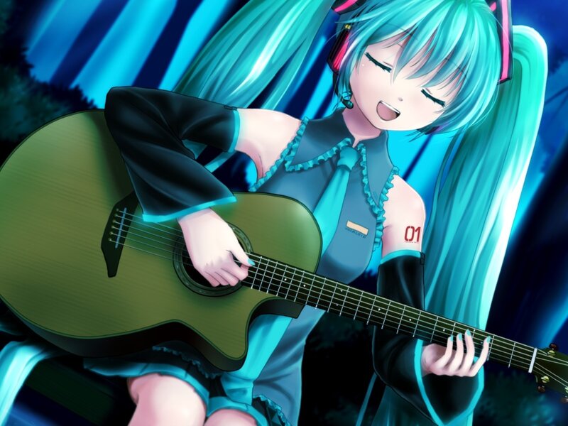 Anime Girl Playing Guitar — Blue, Calm, Night