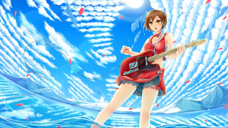 Anime Girl Playing Guitar — Blue, Dramatic, Afternoon