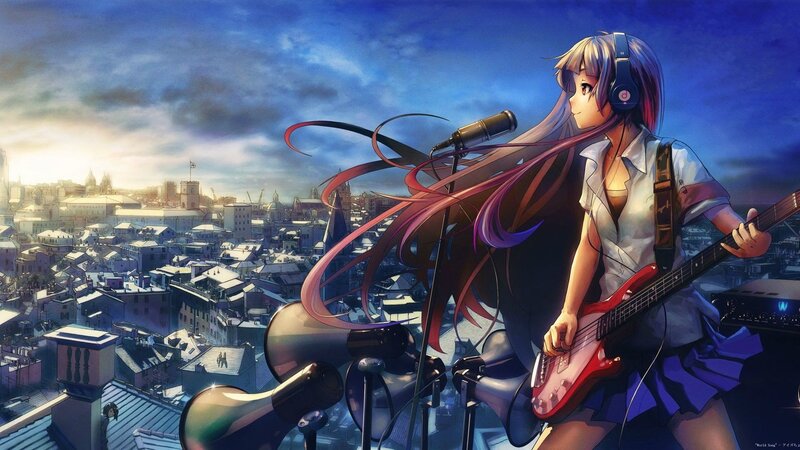 Anime Girl Playing Guitar — Blue, Dramatic, Sunset, Digital Art, Microphone