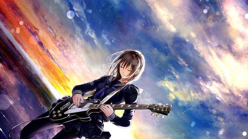 Anime Girl Playing Guitar — Blue, Dramatic, Sunset, Digital Art, Sky