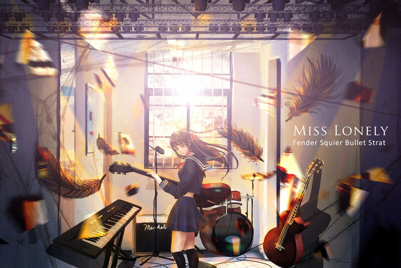 Anime Girl Playing Guitar — Blue, Dramatic, Sunset