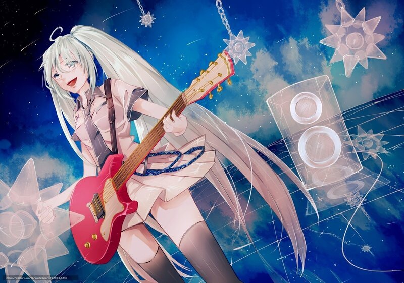 Anime Girl Playing Guitar — Blue, Energetic, Night, Digital Art, Speaker
