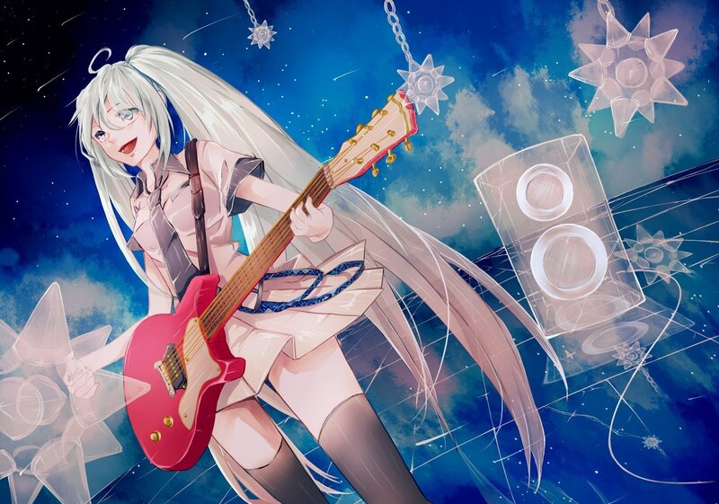 Anime Girl Playing Guitar — Blue, Energetic, Night, Digital Art
