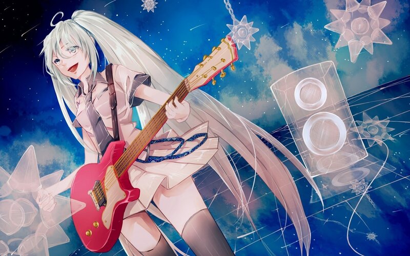 Anime Girl Playing Guitar — Blue, Energetic, Night