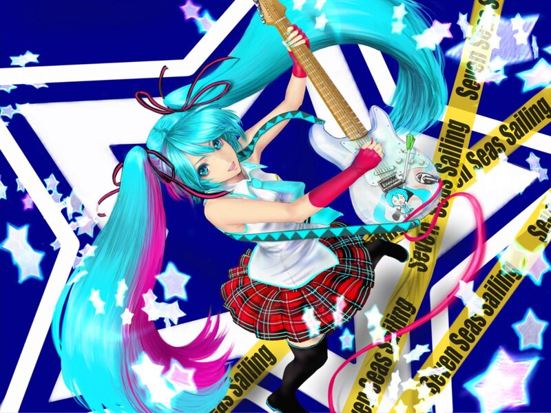 Anime Girl Playing Guitar — Blue, Energetic