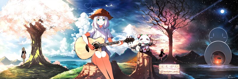 Anime Girl Playing Guitar — Blue, Serene, Sunset