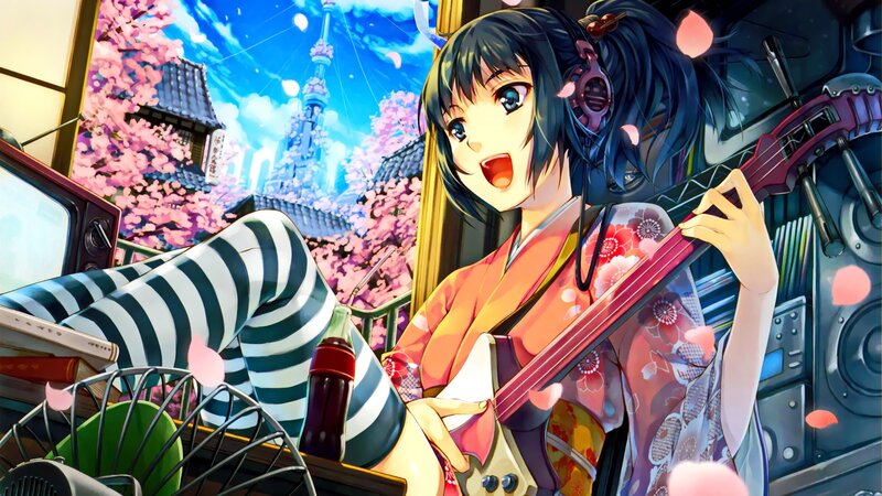 Anime Girl Playing Guitar — Blue, Vibrant