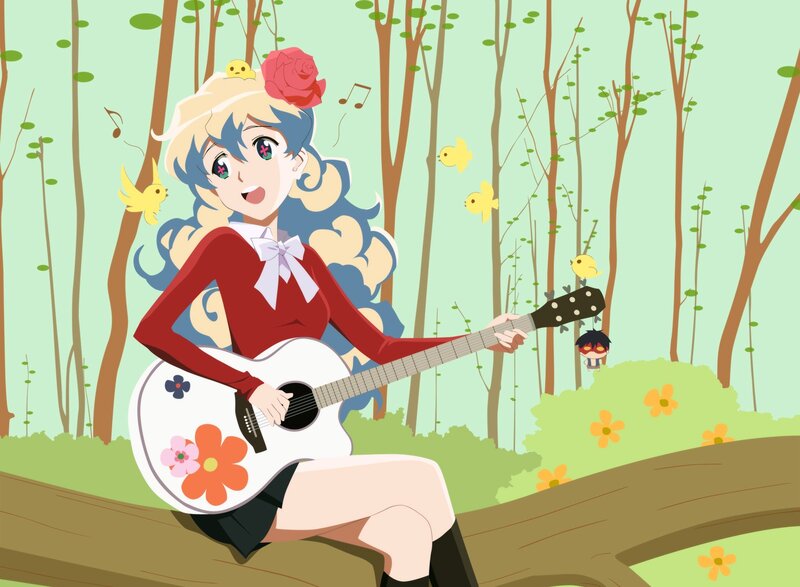 Anime Girl Playing Guitar — Green, Cheerful