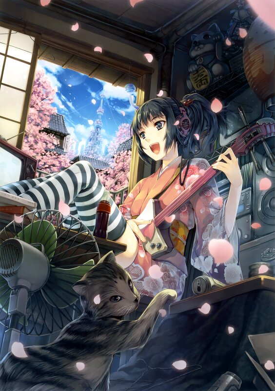 Anime girl playing guitar in a room