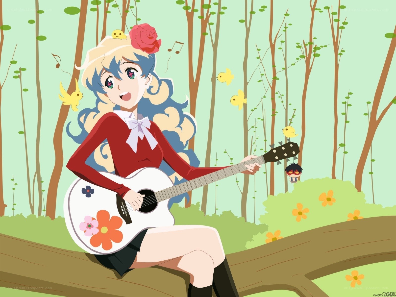 Anime girl playing guitar in forest