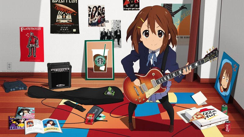 Anime girl playing guitar in room
