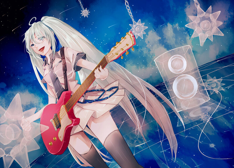Anime girl playing guitar in space