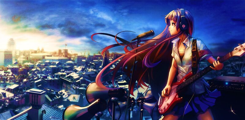 Anime girl playing guitar on rooftop
