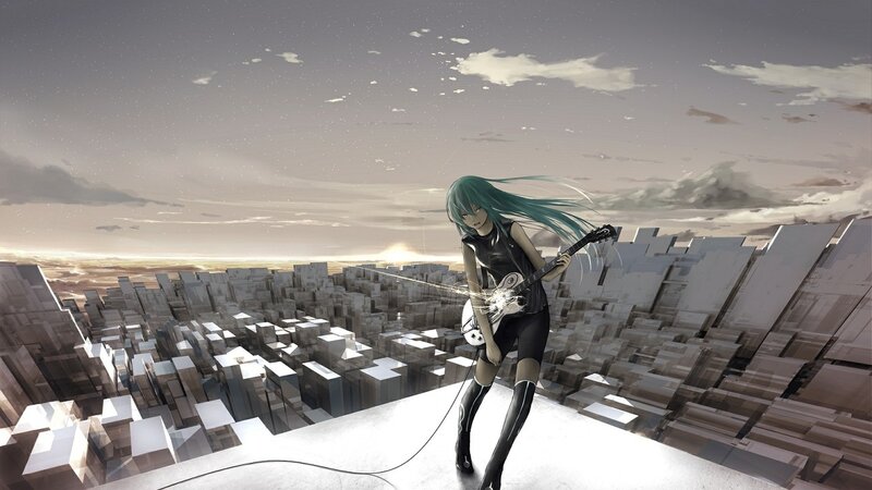Anime girl playing guitar on rooftop