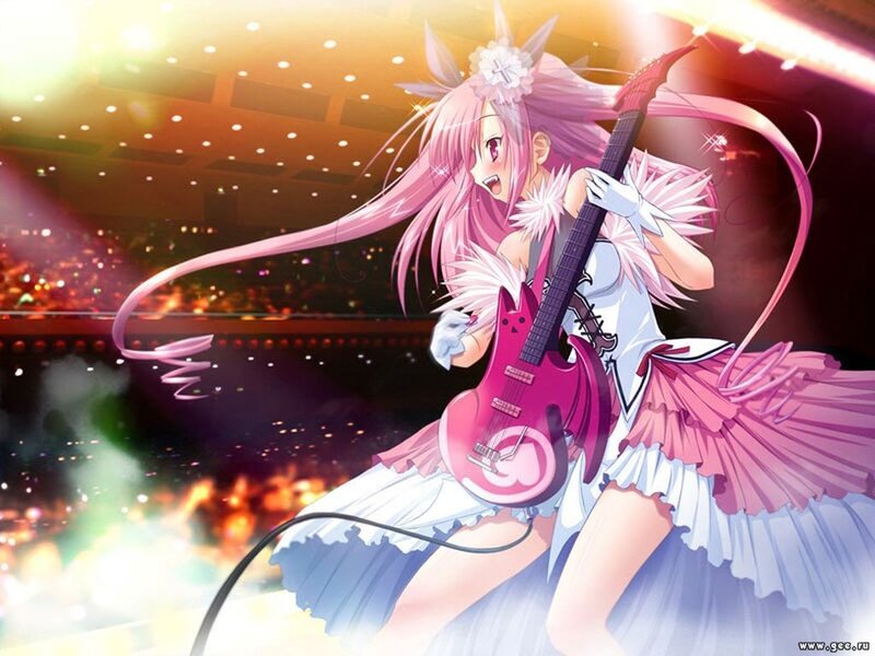 Anime girl playing guitar on stage