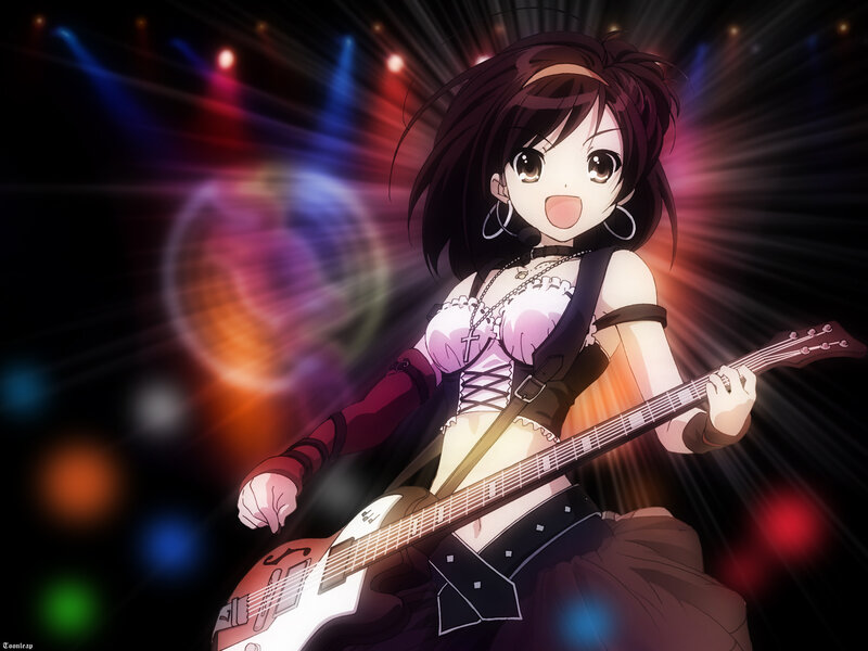 Anime girl playing guitar on stage