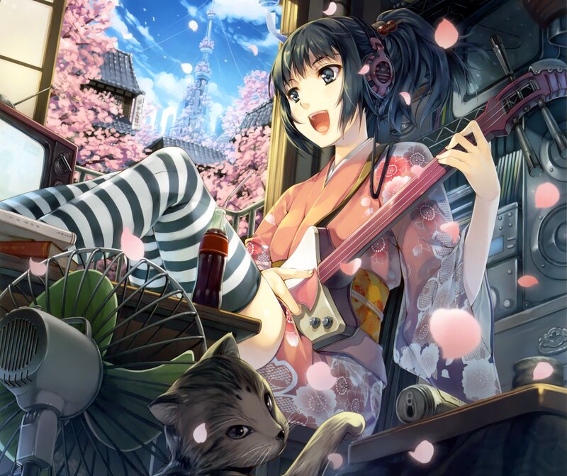 Anime Girl Playing Guitar — Pink, Cheerful