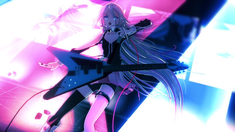 Anime Girl Playing Guitar — Pink, Energetic, Digital Art, Microphone