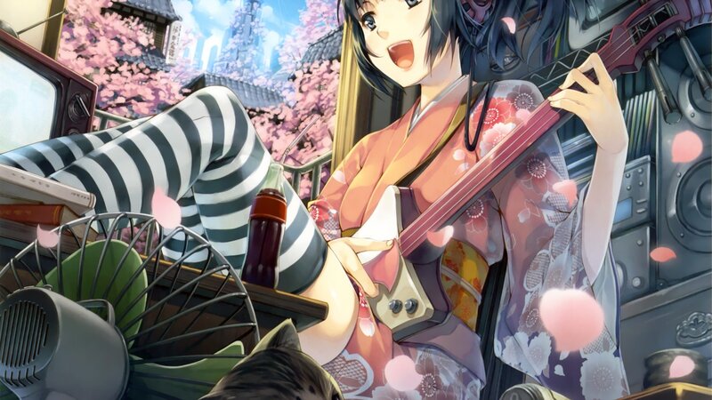 Anime Girl Playing Guitar — Pink, Playful