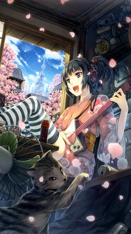 Anime Girl Playing Guitar — Pink, Serene