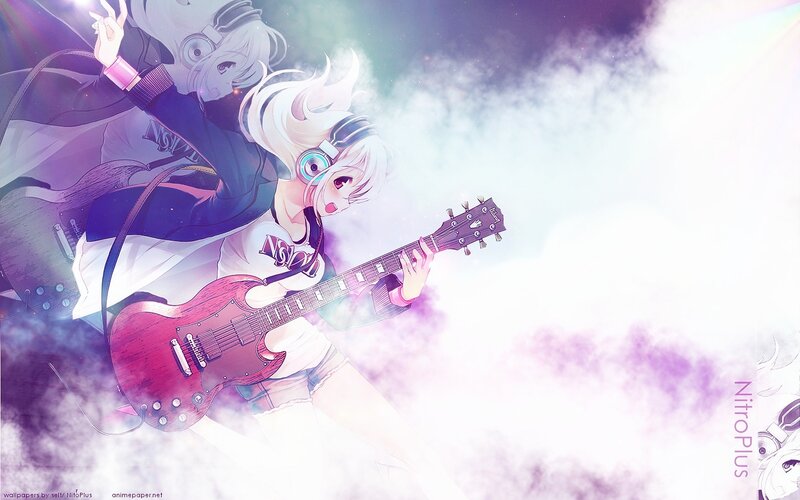 Anime Girl Playing Guitar — Purple, Dramatic, Digital Art
