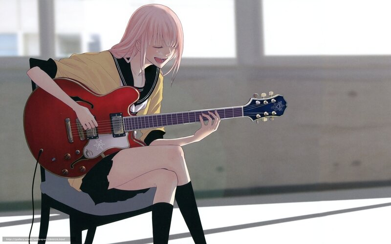 Anime Girl Playing Guitar — Red, Calm